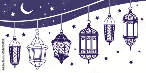 A collection of hanging lanterns under a starry night sky with a crescent moon.