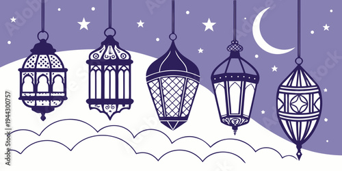 A serene night scene with four lanterns hanging on a snowy landscape under a starry sky