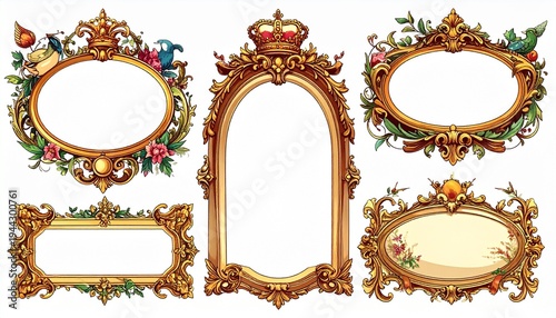 Ornate Gold Decorative Frames with Floral Embellishments and Regal Design