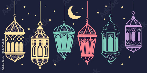 Colorful lanterns hanging in a row with a crescent moon in the background