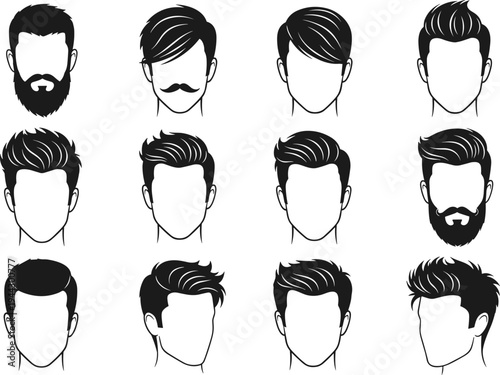Men hairstyle and beard silhouette set with trendy male haircuts, mustaches, and grooming icons for barbershops, salons, fashion, hair care, and masculine beauty vector designs.