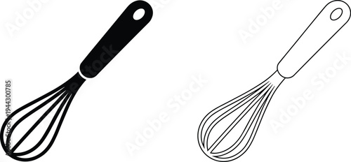 Black silhouette and outline illustration of kitchen whisk with handle and wire loops, ideal for cooking, baking, culinary design, and kitchen utensil concepts