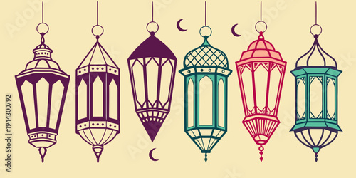 A collection of colorful lanterns with intricate designs hanging in a row