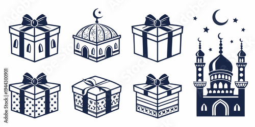 Assorted gift boxes and a church tower illustration in black and white
