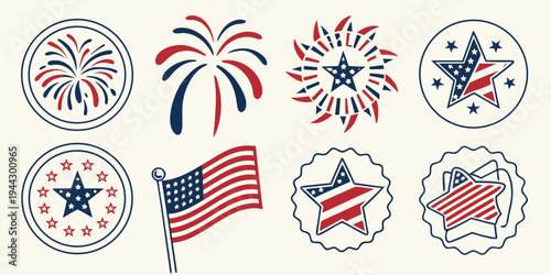 A collection of patriotic symbols including fireworks, stars, flags, and ribbons.
