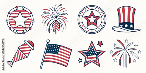 Assorted patriotic symbols including flags, fireworks, and stars