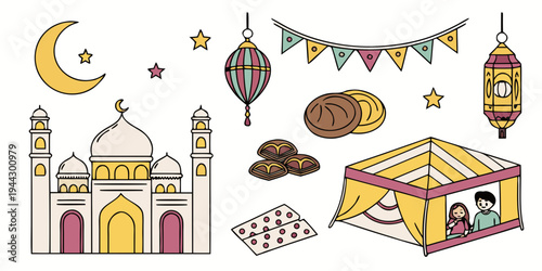 A festive scene featuring a mosque, lanterns, and a cake with decorations.