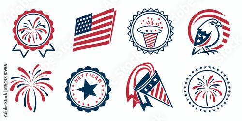 A collection of patriotic symbols including flags, stars, and badges.