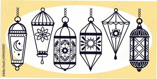 A collection of ornate, vintage-style hanging lanterns with intricate designs and patterns.