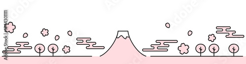富士山と桜のシンプル線アート ピンク 白背景 横長バナー
