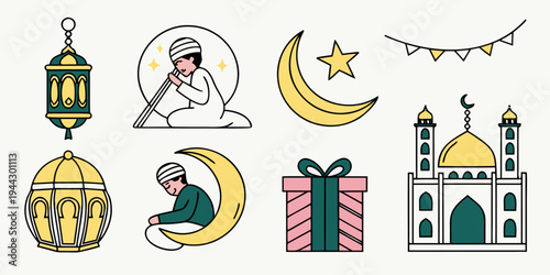 Assorted islamic and eid al fitr celebration icons including a mosque and crescent moon