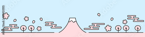 富士山と桜のシンプル線イラスト ピンクと青空 横長バナー