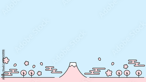 富士山と桜のシンプルラインイラスト ピンクと青空 16:9ワイド背景