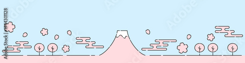 富士山と桜の細い線のシンプルイラスト ピンクと青空 バナー