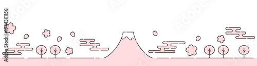富士山と桜のミニマル細線イラスト ピンク 白背景 バナー