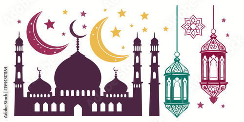 Illustration of a mosque with crescent moons and lanterns celebrating ramadan.