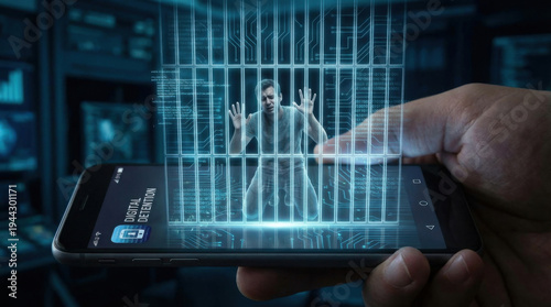 Person trapped in digital cell holding a smartphone