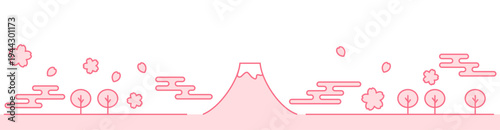 富士山と桜のピンクラインのシンプルイラスト 白背景 横長バナー