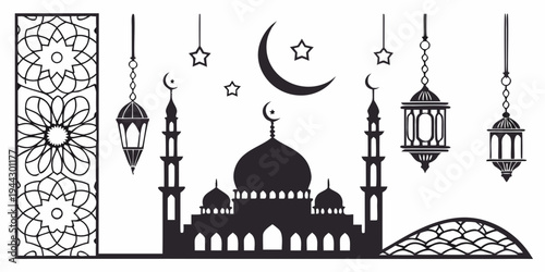 Intricate islamic architecture illustration featuring a mosque with crescent moon and stars