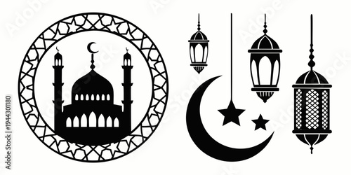 Islamic symbols including a mosque, crescent moon, star, and lanterns