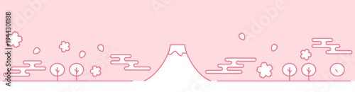 富士山と桜のミニマルラインイラスト ピンク背景 横長バナー