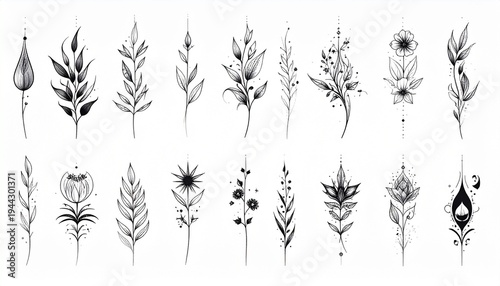 Stylized Botanical Illustrations with Geometric Accents in Black and Gray