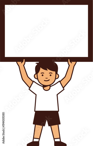 Small boy holding a large empty white placard above his head presenting a.