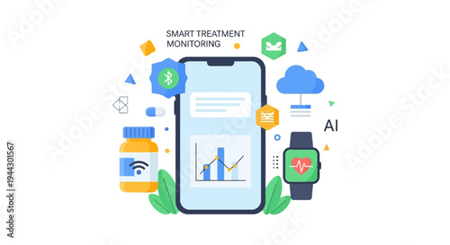 Smart Treatment Monitoring and Digital Health Application. AI Telemedicine concept with Wearable Devices, Data Analysis, and Remote Patient Care.