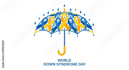 World down syndrome day awareness umbrella with blue and yellow ribbon design on white background