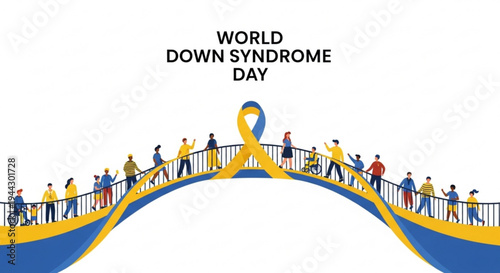World down syndrome day awareness illustration with diverse people crossing blue and yellow bridge