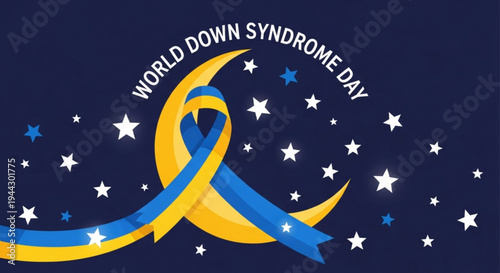 World down syndrome day awareness ribbon and stars on dark blue background with yellow and blue colors