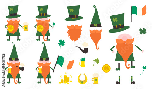 Saint Patrick Day gnome constructor and character creation set. Collection of cartoon elements and body parts. Bright character design for holiday and festival.