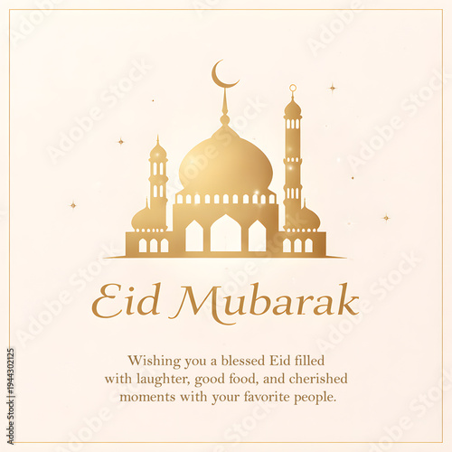 A digital illustration of a mosque with a crescent moon on top for Eid Mubarak