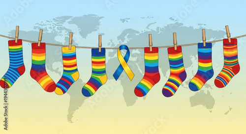 Rainbow socks hanging on a line with a yellow awareness ribbon symbolizing support and diversity against a world map background