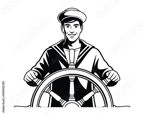 Smiling vintage sailor man with a confident expression steering a large ships wheel