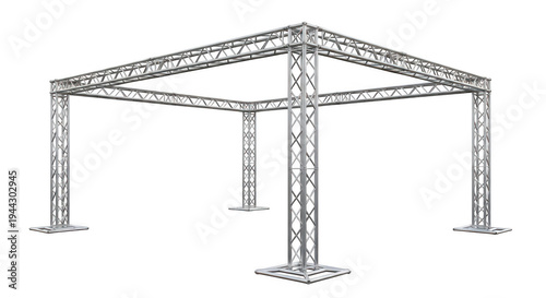 Silver aluminum event truss structure, isolated on transparent background, for concerts.