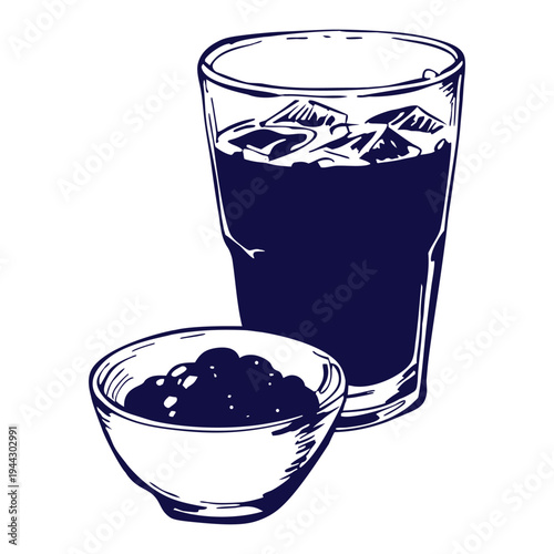 Hand drawn glass of iced coffee with bowl of jam or berries in bold vintage style, perfect for cafe menus, breakfast branding, packaging, posters and coffee shop illustrations