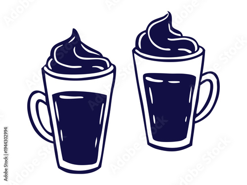 Hand drawn set of two tall coffee drinks with whipped cream in bold vintage style, perfect for cafe logos, menu design, packaging, posters and cozy coffee shop branding