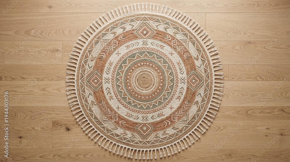 Obraz premium Bohemian Circular Rug with Geometric Pattern and Fringe on a Hardwood Floor