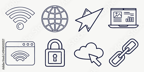 Collection of icons representing various aspects of internet and cybersecurity.