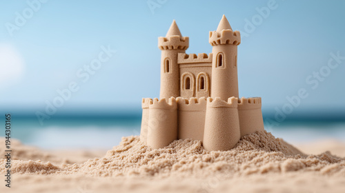 A beautifully built sandcastle with intricate details, sitting on a sandy beach with the ocean in the background	
