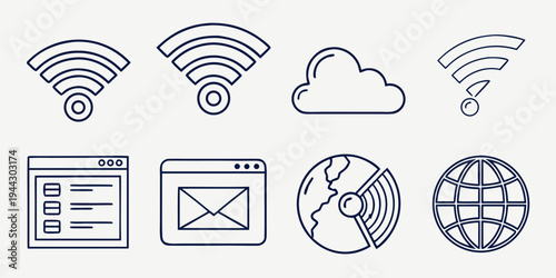Set of icons representing various internet and network-related concepts and services