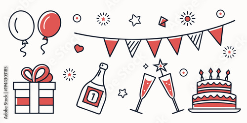 Celebration elements including balloons, bunting, champagne, and a cake