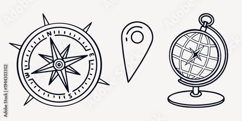 Vintage compass and navigation tools with a pin icon illustration