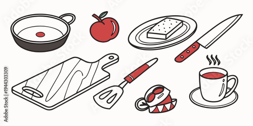 A variety of kitchen utensils and food items arranged neatly on a white surface