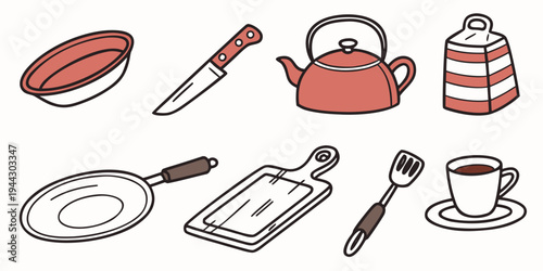 Assorted kitchen utensils and items arranged in a circular pattern