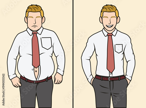 Male weight loss transformation, shown through facial expressions, tight clothing, and body-fitting clothes.