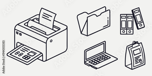 A collection of office equipment including a printer, laptop, and documents.