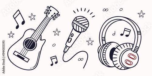 A collection of musical instruments and audio equipment including a guitar, microphone, and headphones