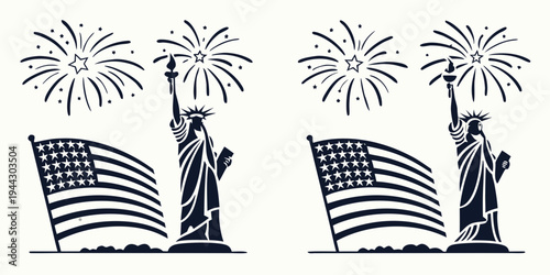 Statue of liberty with american flag and fireworks in the background